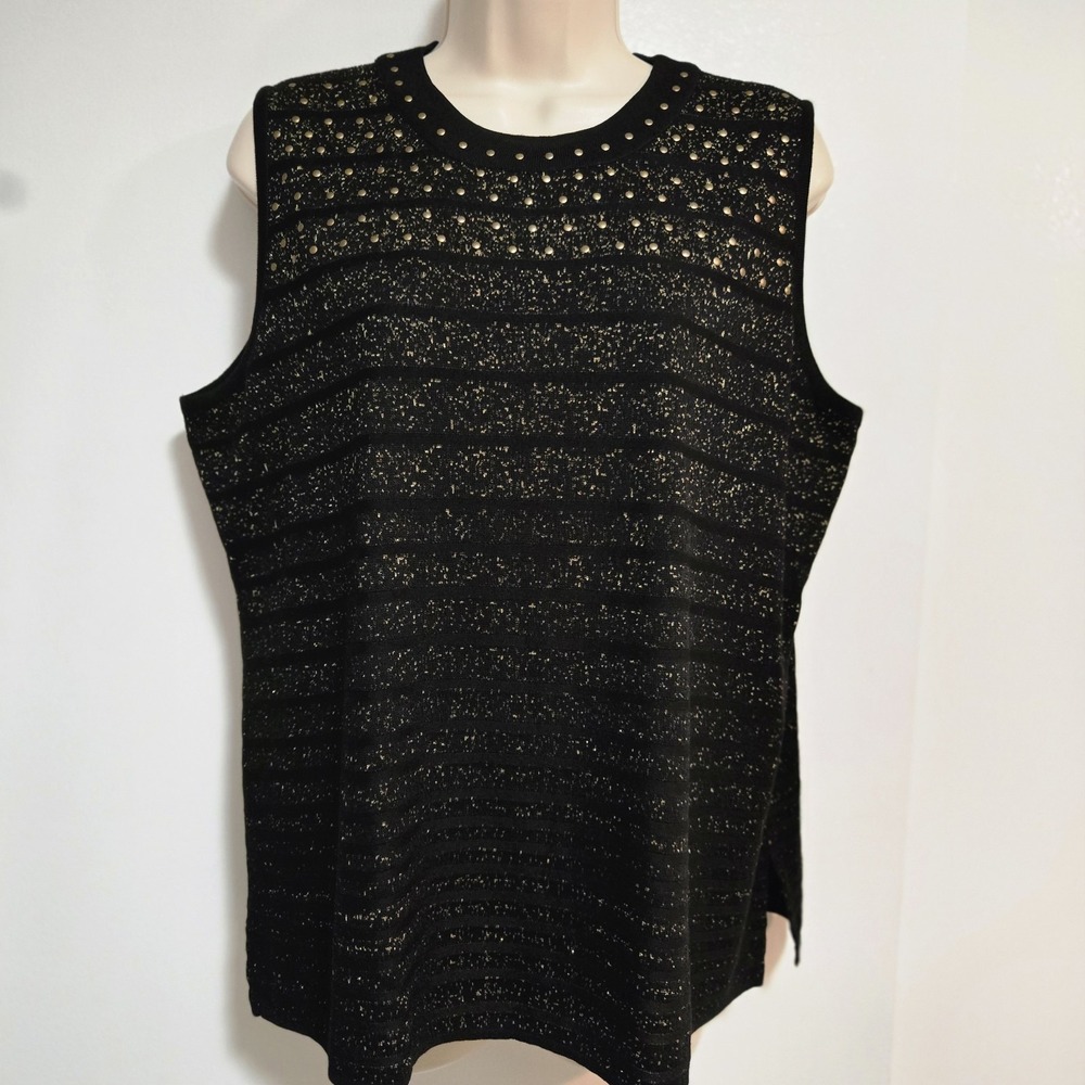 Ming Wang Size L  Black Gold Studded Stripe Knit Tank Top Classic Evening NEW